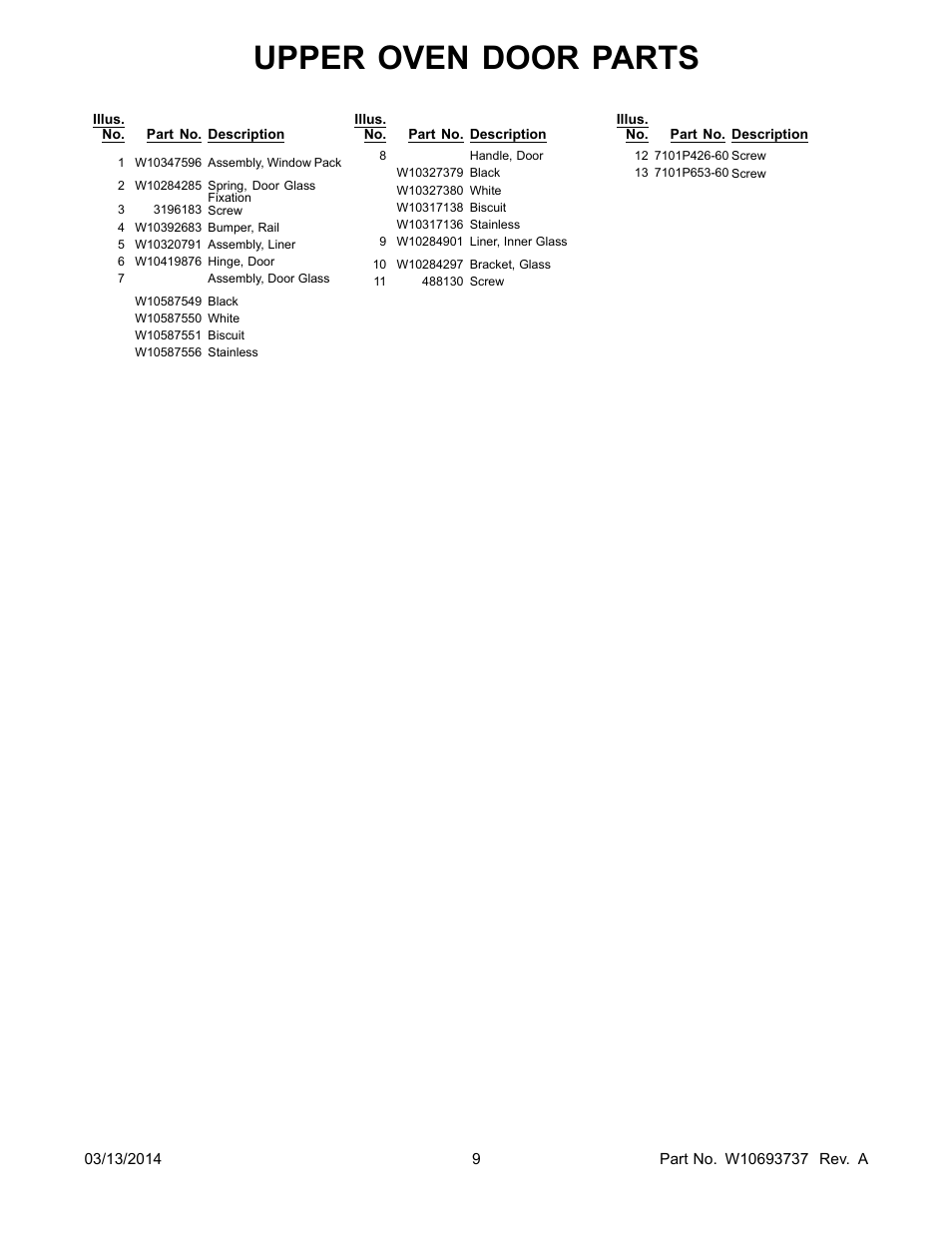 Upper oven door parts | Whirlpool WOD51EC0AS User Manual | Page 9 / 14