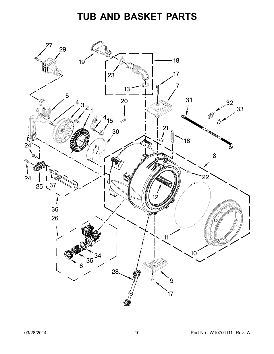 Tub and basket parts | Whirlpool WFW81HEDW User Manual | Page 10 / 12