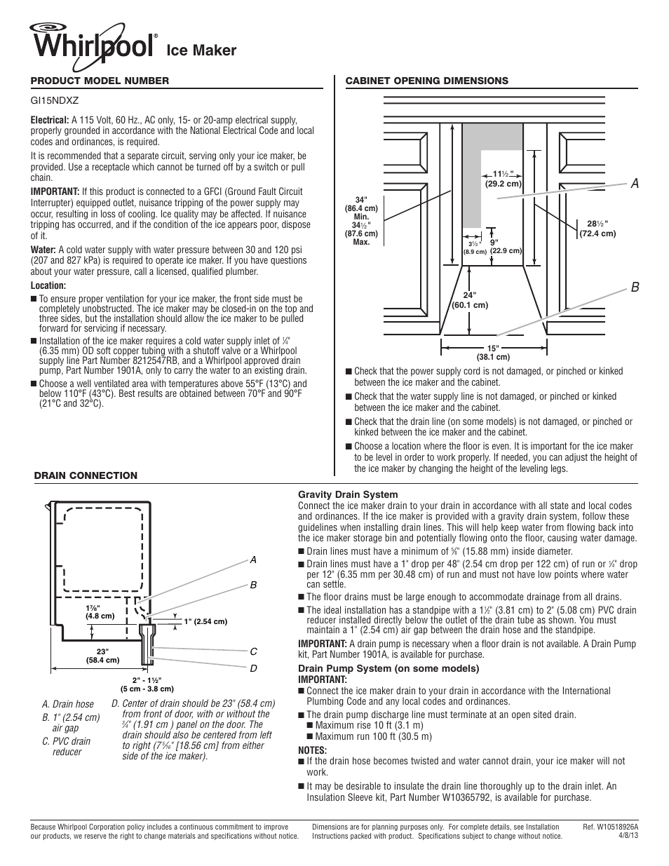 Whirlpool GI15NDXZS User Manual | 1 page