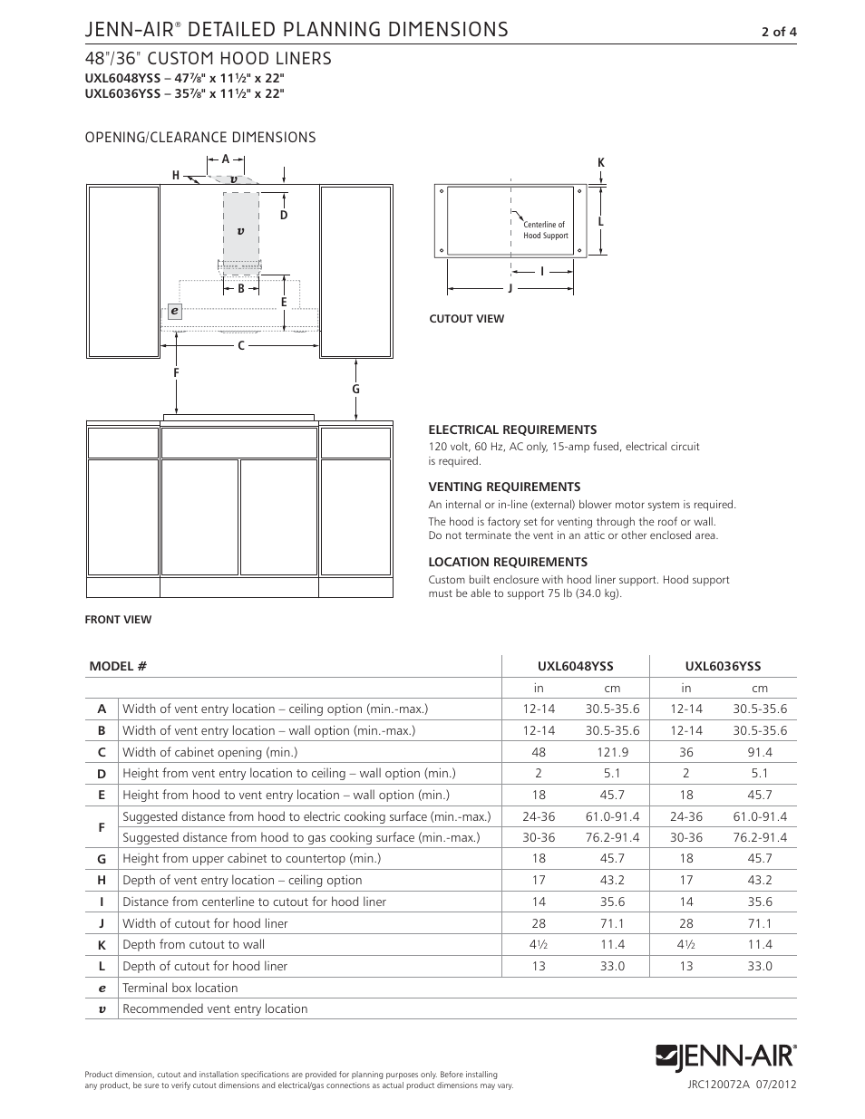 Jenn-air, Detailed planning dimensions, 48"/36" custom hood liners | Whirlpool UXL6036YSS User Manual | Page 2 / 4