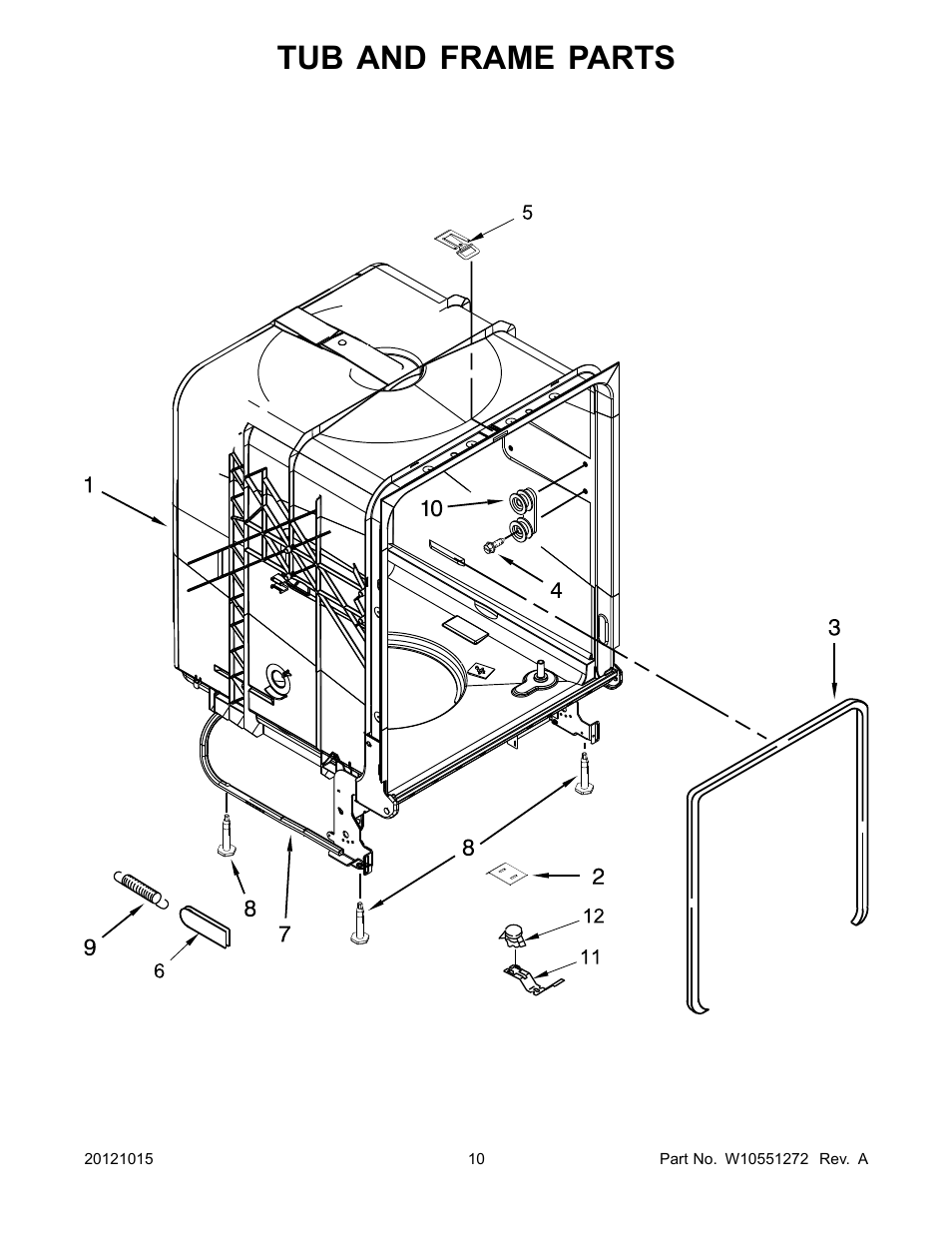 Tub and frame, Tub and frame parts | Whirlpool WDP350PAAB User Manual | Page 10 / 26