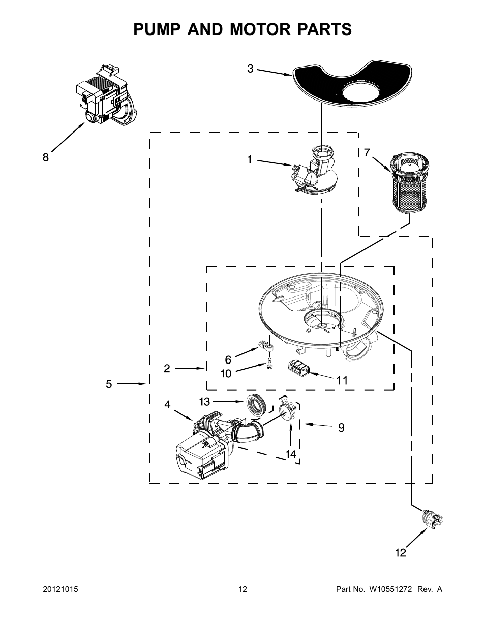 Pump and motor, Pump and motor parts | Whirlpool WDP350PAAB User Manual | Page 12 / 26
