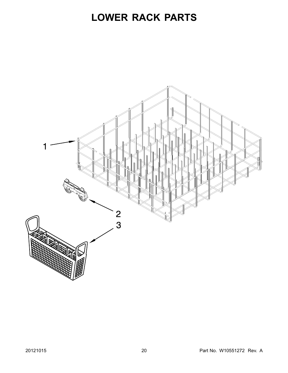 Lower rack, Lower rack parts | Whirlpool WDP350PAAB User Manual | Page 20 / 26