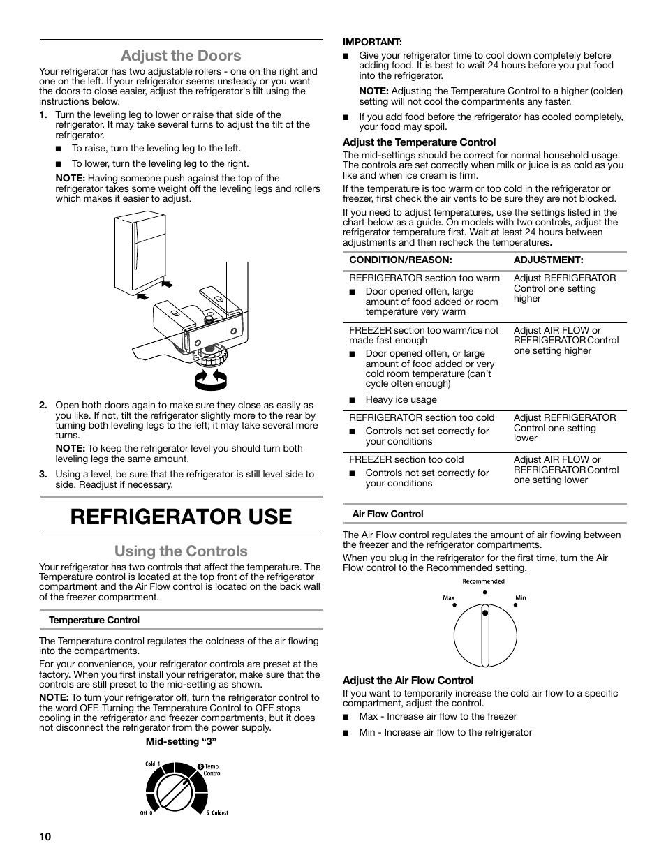 Refrigerator use, Adjust the doors, Using the controls | Whirlpool WRT106TFDW User Manual | Page 10 / 56