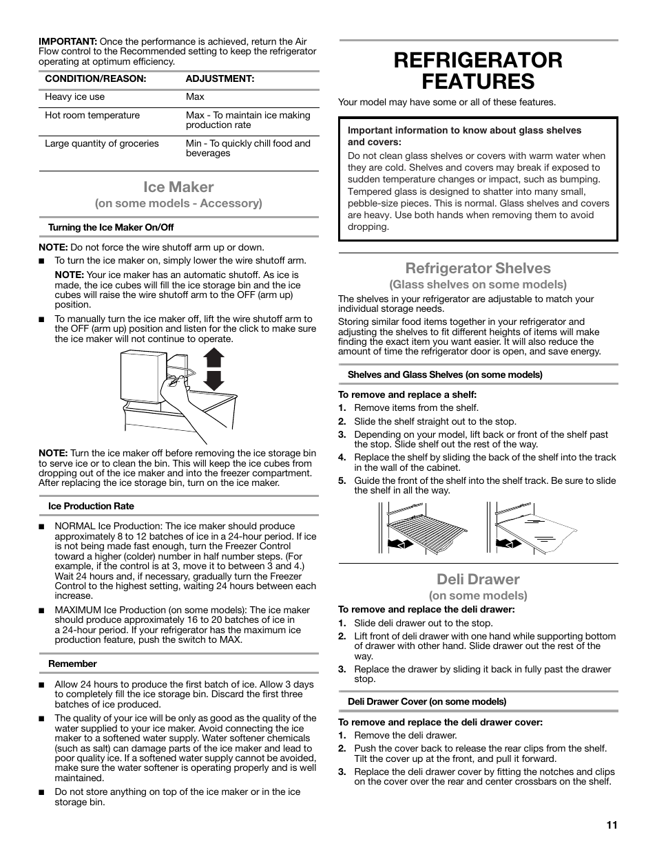 Refrigerator features, Ice maker, Refrigerator shelves | Deli drawer | Whirlpool WRT106TFDW User Manual | Page 11 / 56