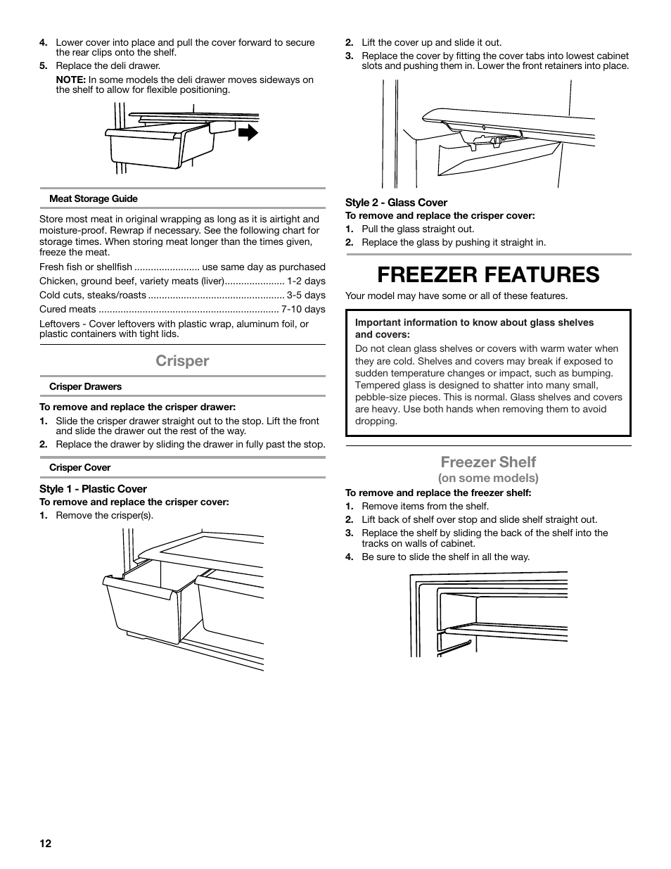 Freezer features, Crisper, Freezer shelf | Whirlpool WRT106TFDW User Manual | Page 12 / 56