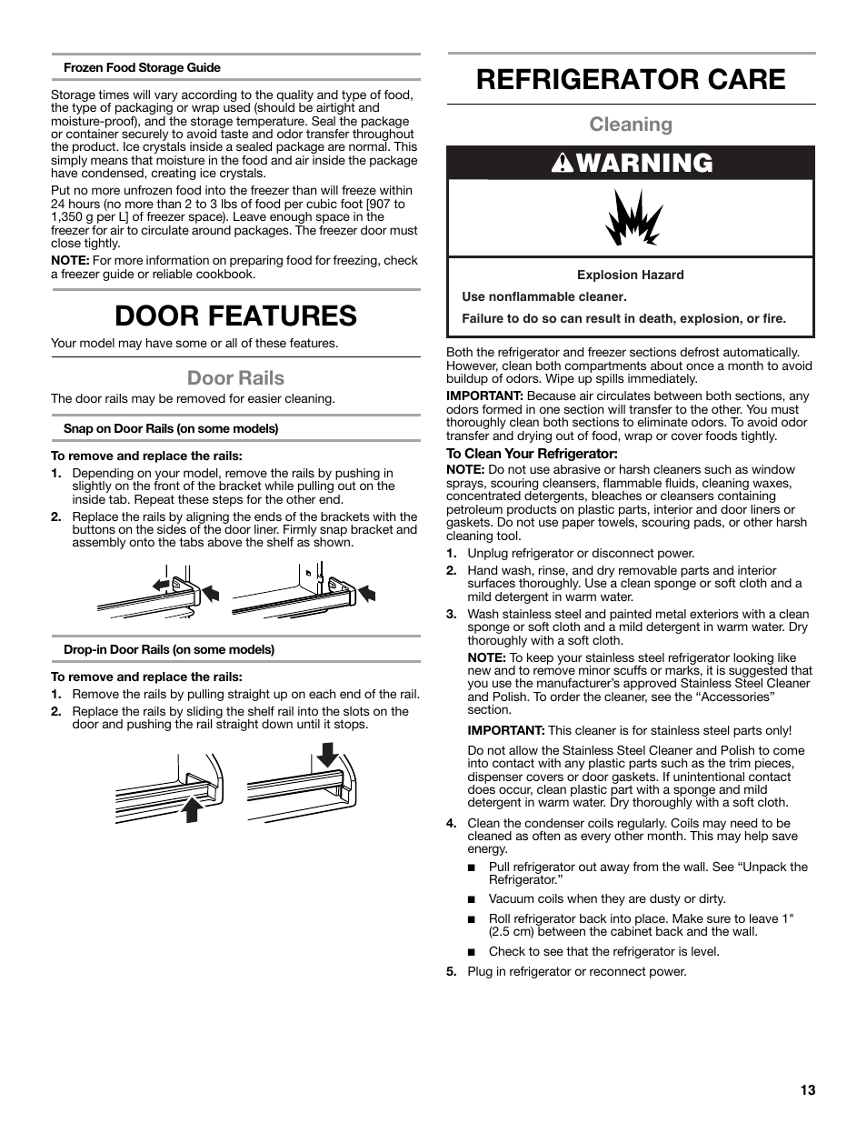 Door features, Refrigerator care, Warning | Door rails, Cleaning | Whirlpool WRT106TFDW User Manual | Page 13 / 56