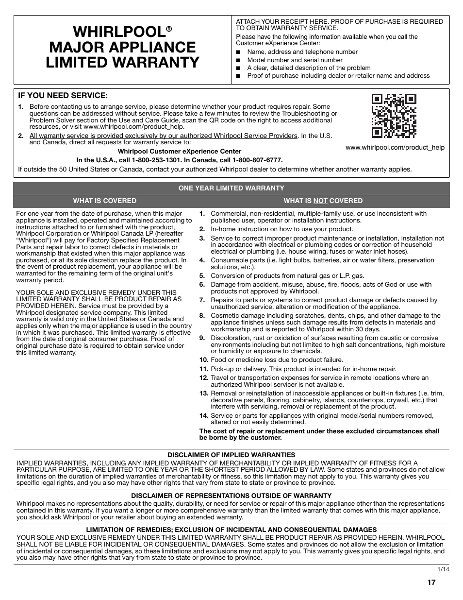 Whirlpool, Major appliance limited warranty | Whirlpool WRT106TFDW User Manual | Page 17 / 56
