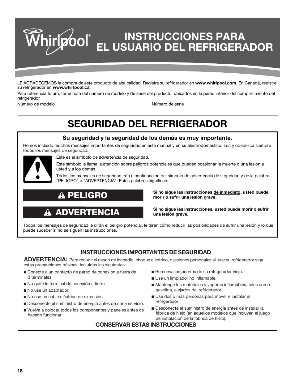 Instrucciones para el usuario del refrigerador, Seguridad del refrigerador, Advertencia peligro | Whirlpool WRT106TFDW User Manual | Page 18 / 56