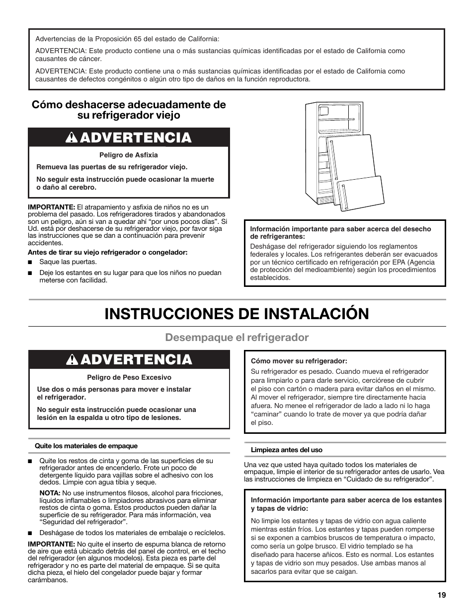 Instrucciones de instalación, Advertencia, Desempaque el refrigerador | Whirlpool WRT106TFDW User Manual | Page 19 / 56