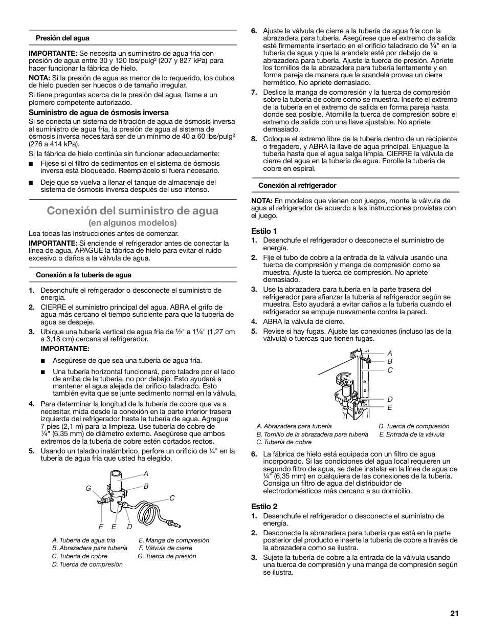 Conexión del suministro de agua | Whirlpool WRT106TFDW User Manual | Page 21 / 56