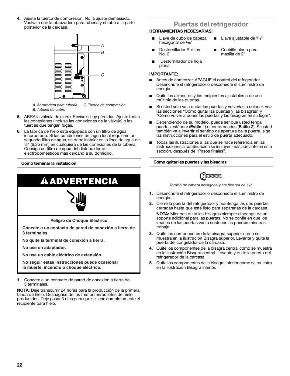 Advertencia, Puertas del refrigerador | Whirlpool WRT106TFDW User Manual | Page 22 / 56