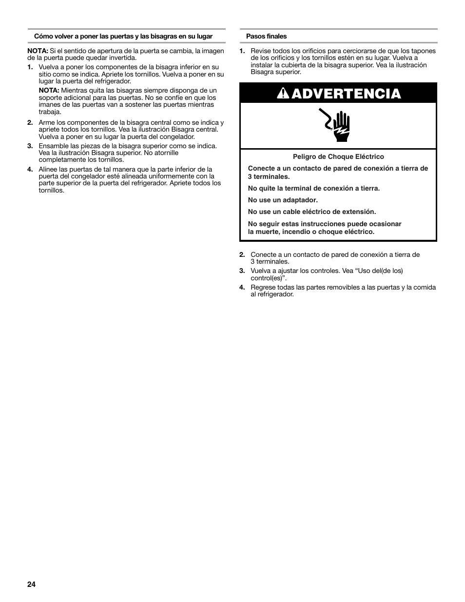 Advertencia | Whirlpool WRT106TFDW User Manual | Page 24 / 56