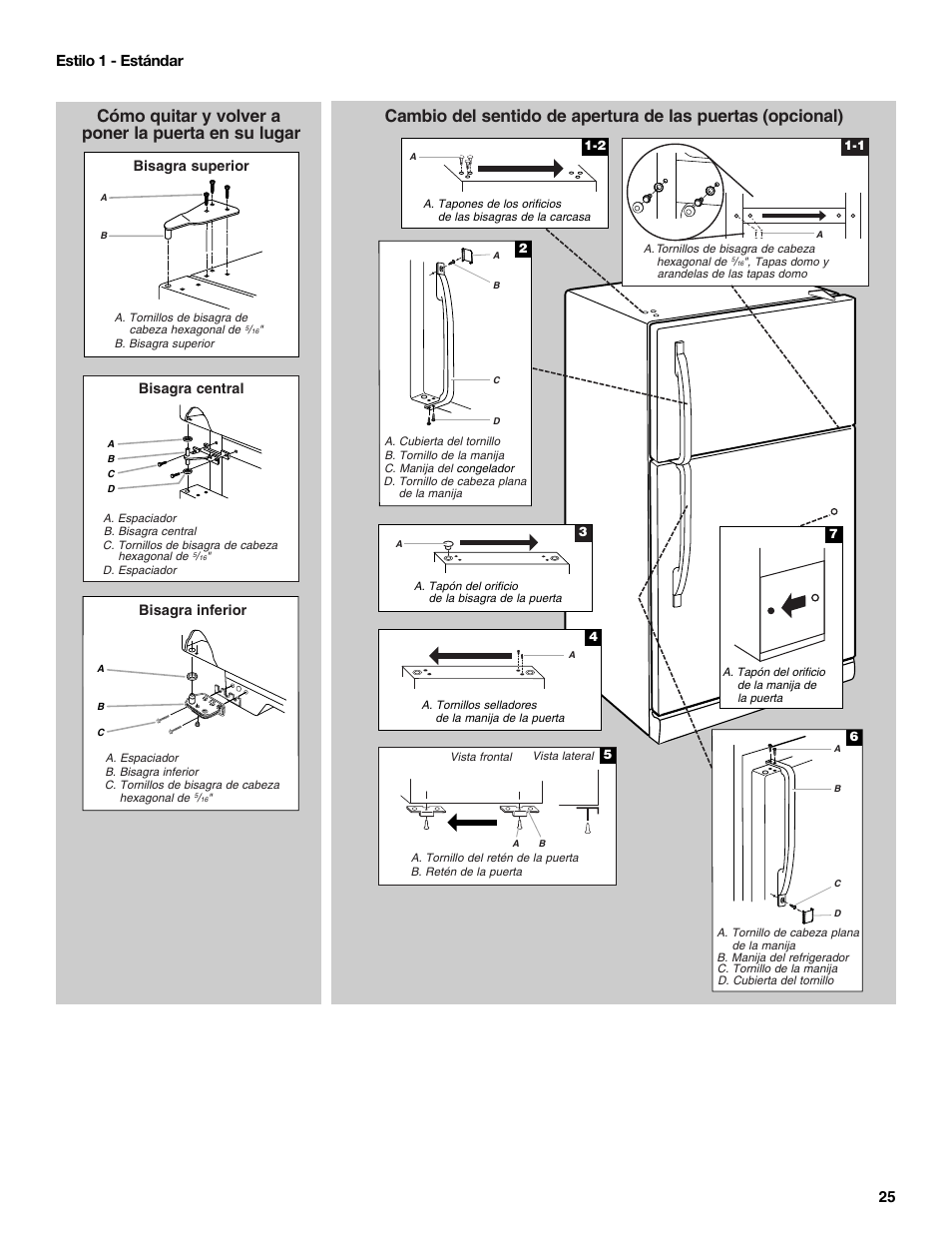 Cómo quitar y volver a poner la puerta en su lugar, 25 estilo 1 - estándar | Whirlpool WRT106TFDW User Manual | Page 25 / 56