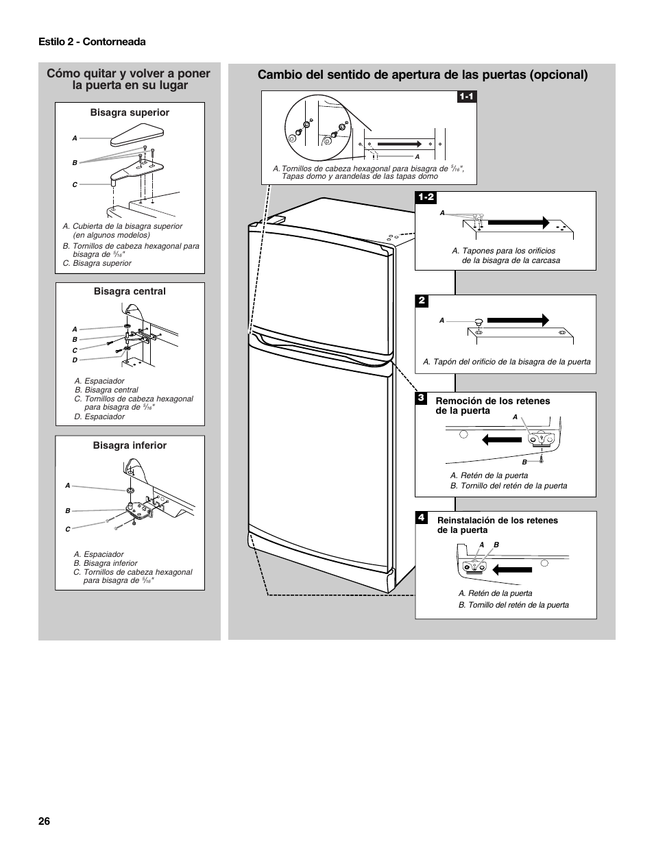 Cómo quitar y volver a poner la puerta en su lugar, 26 estilo 2 - contorneada | Whirlpool WRT106TFDW User Manual | Page 26 / 56