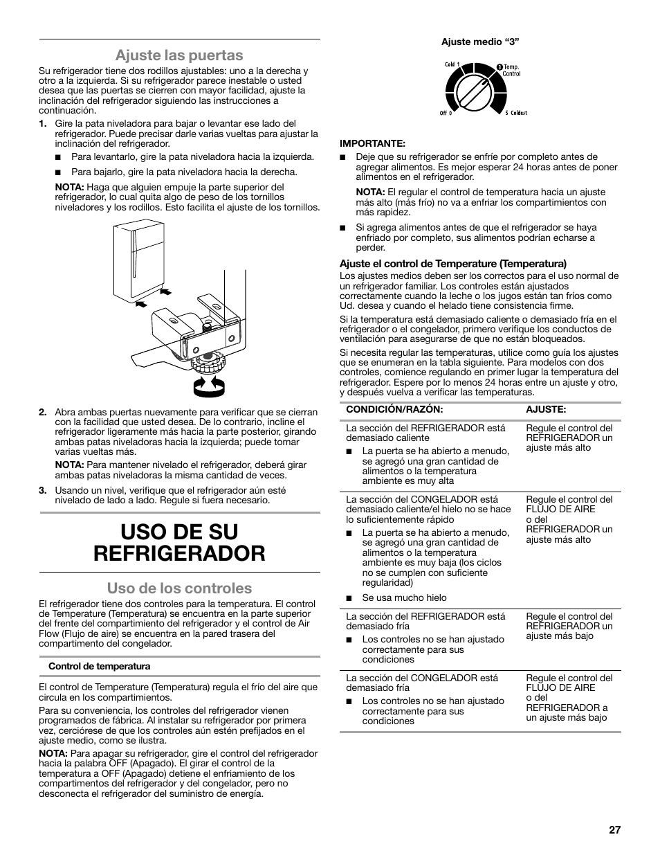 Uso de su refrigerador, Ajuste las puertas, Uso de los controles | Whirlpool WRT106TFDW User Manual | Page 27 / 56