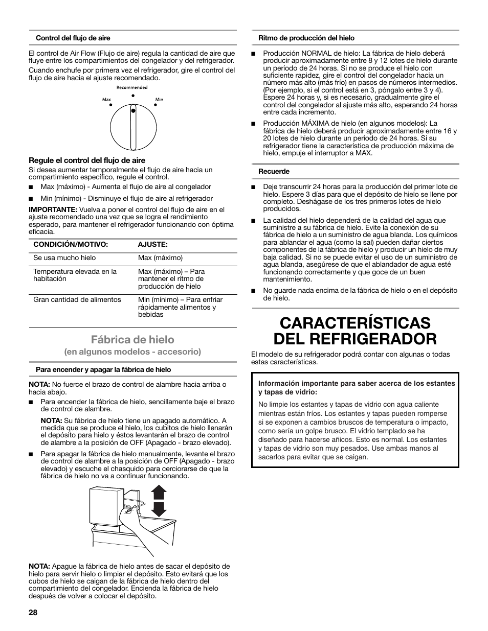 Características del refrigerador, Fábrica de hielo | Whirlpool WRT106TFDW User Manual | Page 28 / 56