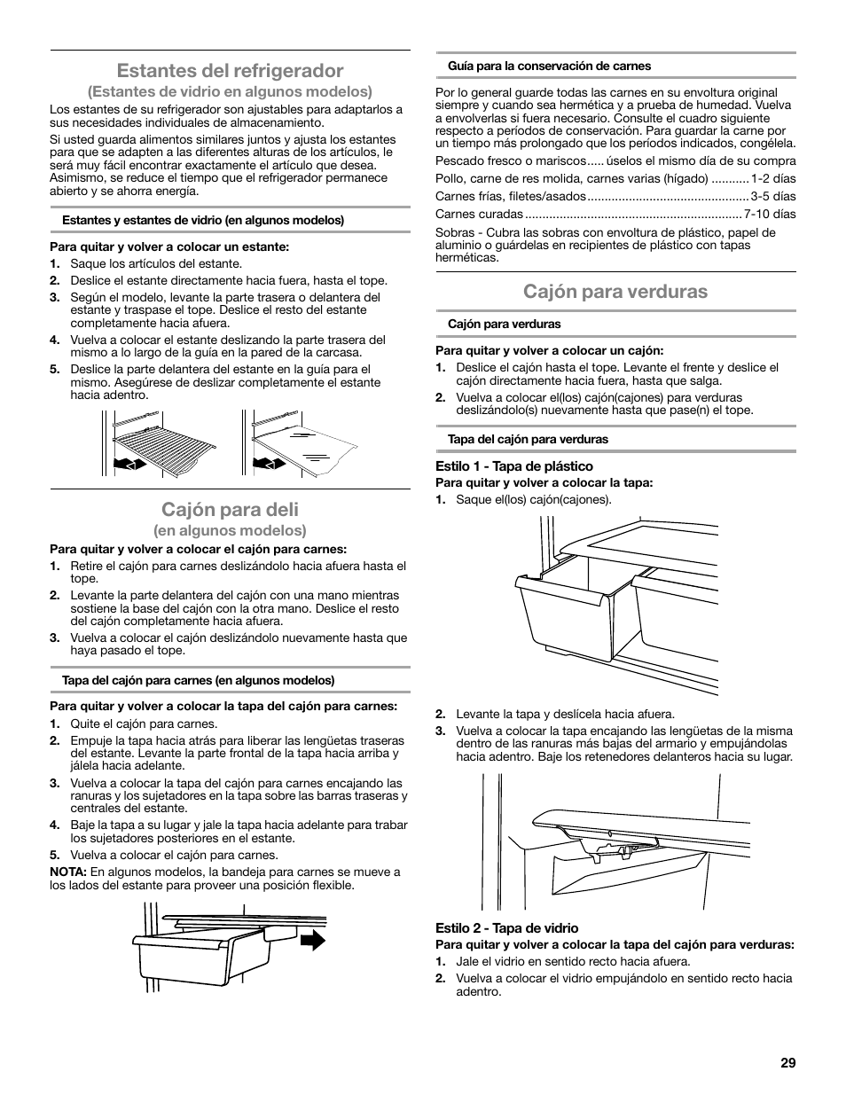 Estantes del refrigerador, Cajón para deli, Cajón para verduras | Whirlpool WRT106TFDW User Manual | Page 29 / 56