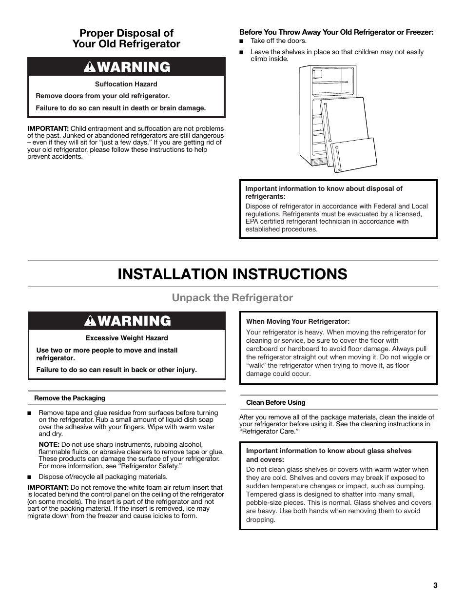 Installation instructions, Warning, Unpack the refrigerator | Proper disposal of your old refrigerator | Whirlpool WRT106TFDW User Manual | Page 3 / 56