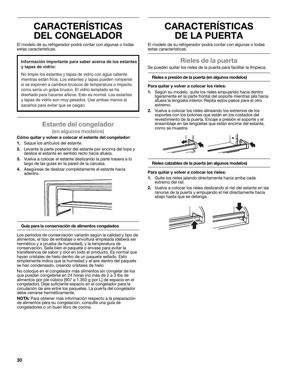 Características del congelador, Características de la puerta, Estante del congelador | Rieles de la puerta | Whirlpool WRT106TFDW User Manual | Page 30 / 56