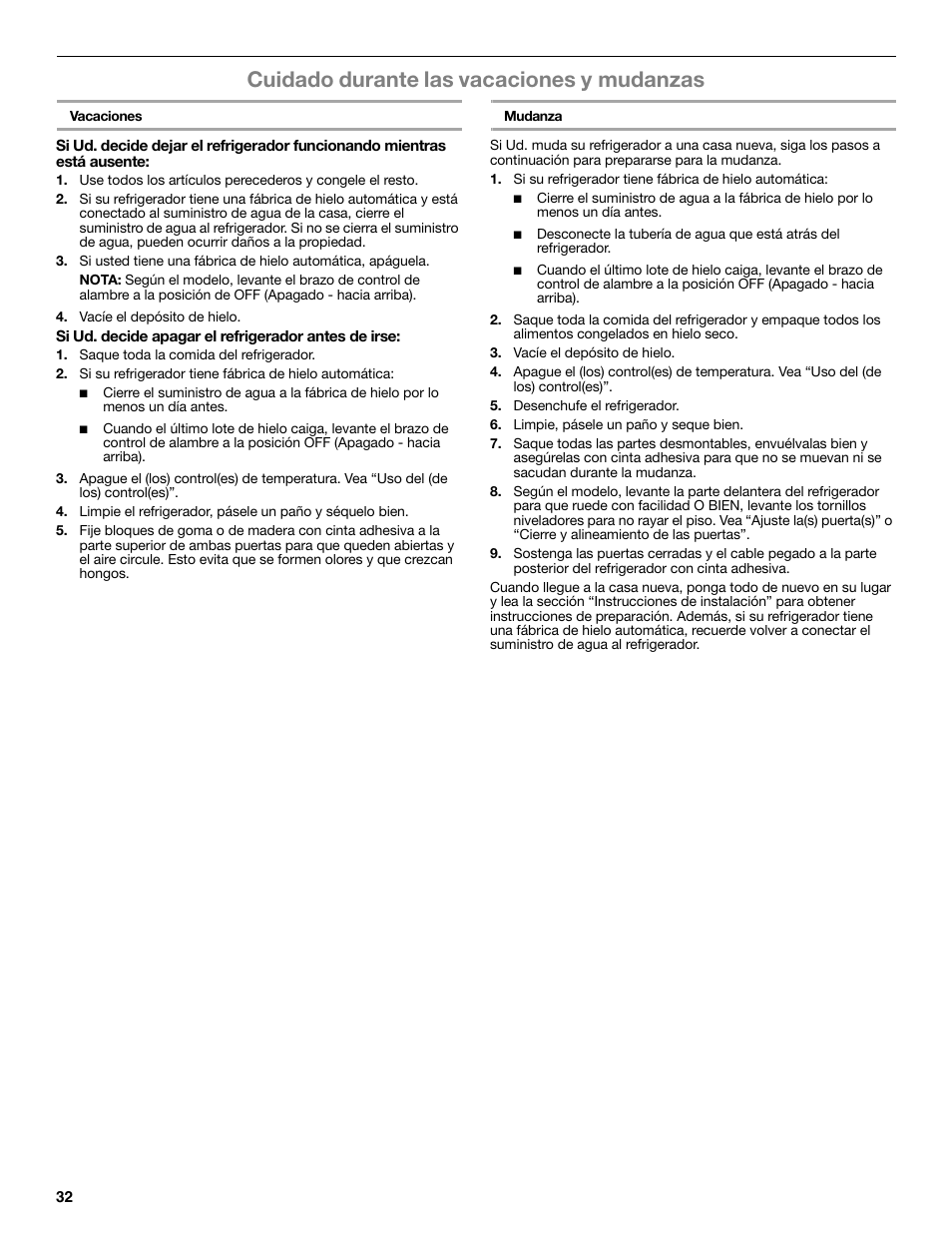 Cuidado durante las vacaciones y mudanzas | Whirlpool WRT106TFDW User Manual | Page 32 / 56