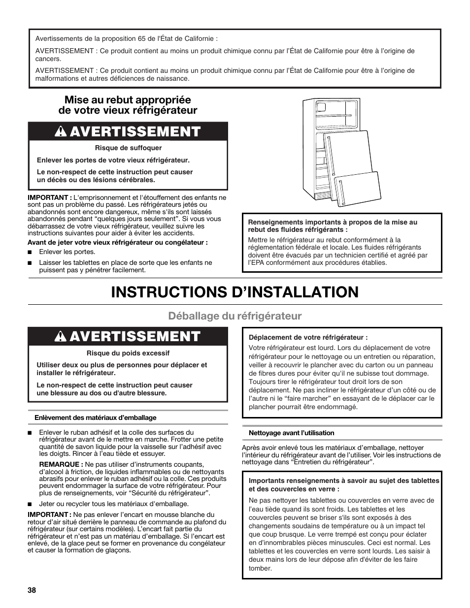 Instructions d’installation, Avertissement, Déballage du réfrigérateur | Whirlpool WRT106TFDW User Manual | Page 38 / 56