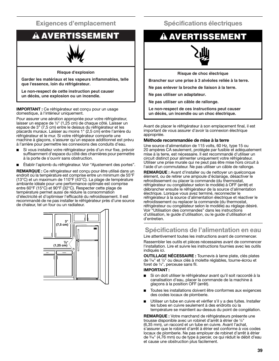 Avertissement, Exigences d’emplacement, Spécifications électriques | Spécifications de l’alimentation en eau | Whirlpool WRT106TFDW User Manual | Page 39 / 56