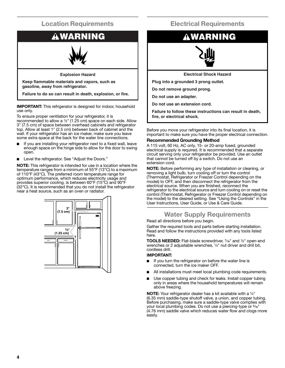 Warning, Location requirements, Electrical requirements | Water supply requirements | Whirlpool WRT106TFDW User Manual | Page 4 / 56