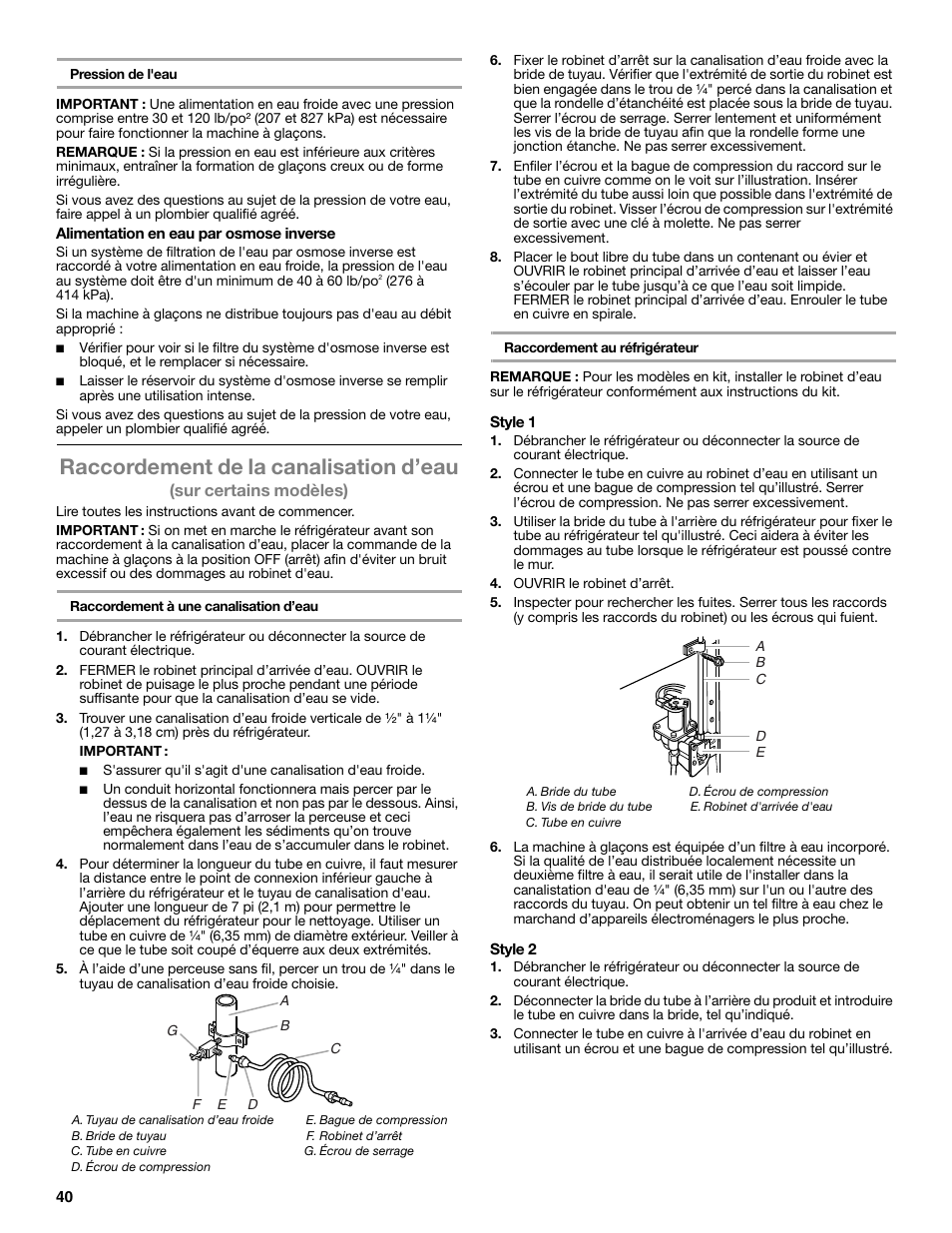 Raccordement de la canalisation d’eau | Whirlpool WRT106TFDW User Manual | Page 40 / 56