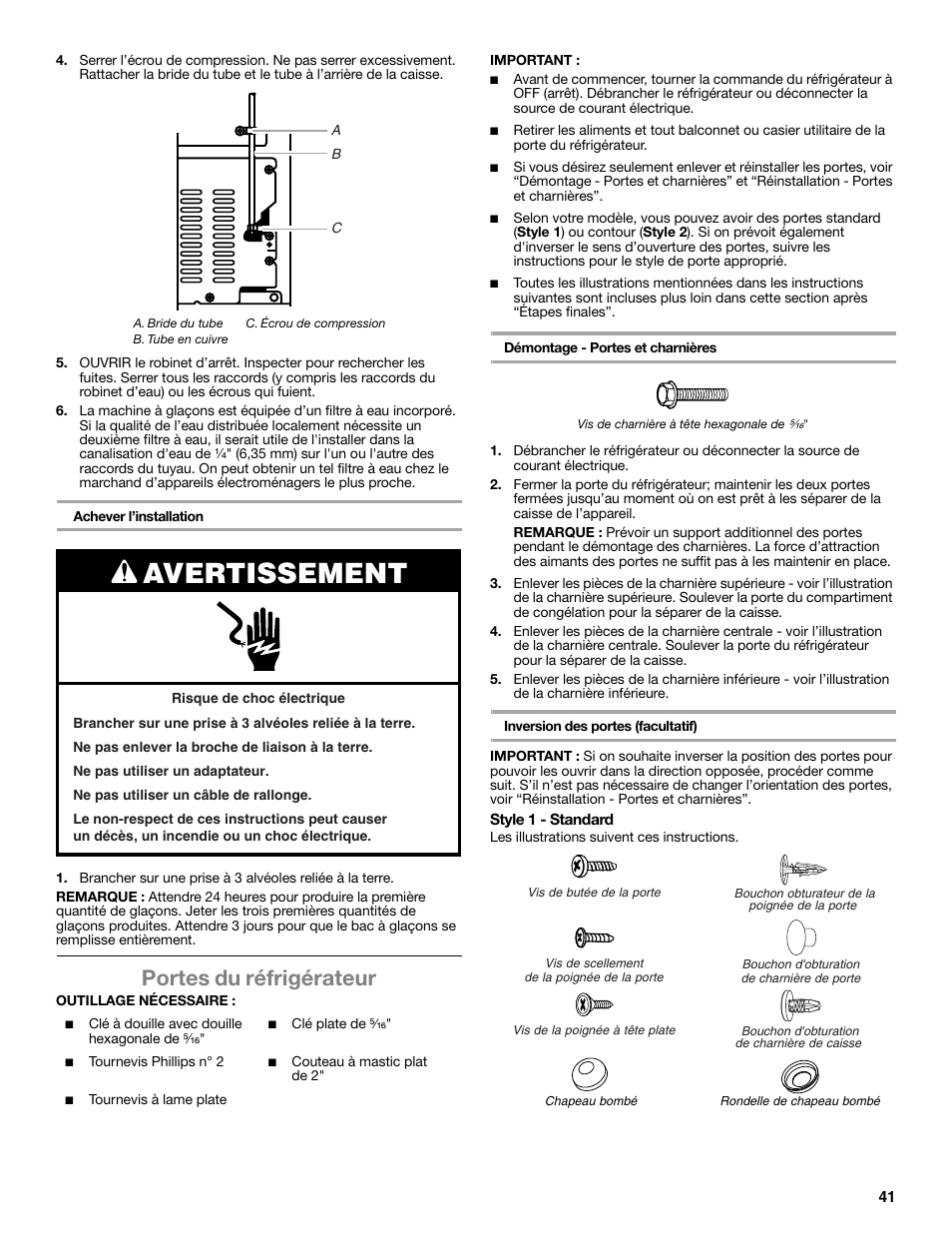 Avertissement, Portes du réfrigérateur | Whirlpool WRT106TFDW User Manual | Page 41 / 56