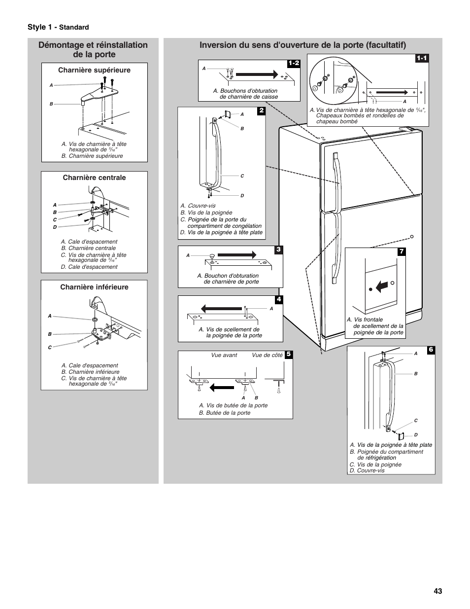 Démontage et réinstallation de la porte, 43 style 1 | Whirlpool WRT106TFDW User Manual | Page 43 / 56