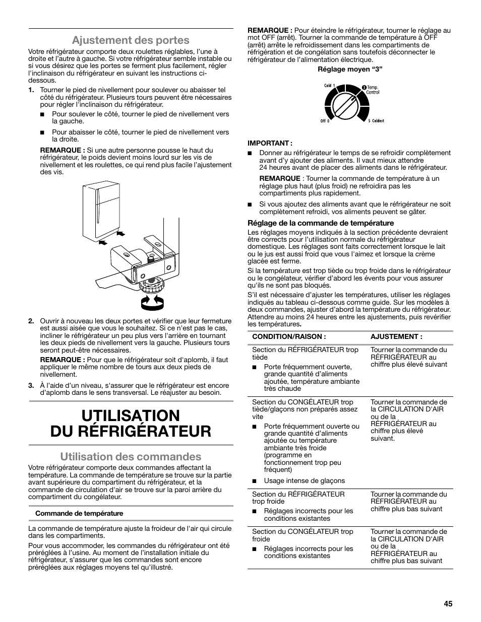 Utilisation du réfrigérateur, Ajustement des portes, Utilisation des commandes | Whirlpool WRT106TFDW User Manual | Page 45 / 56