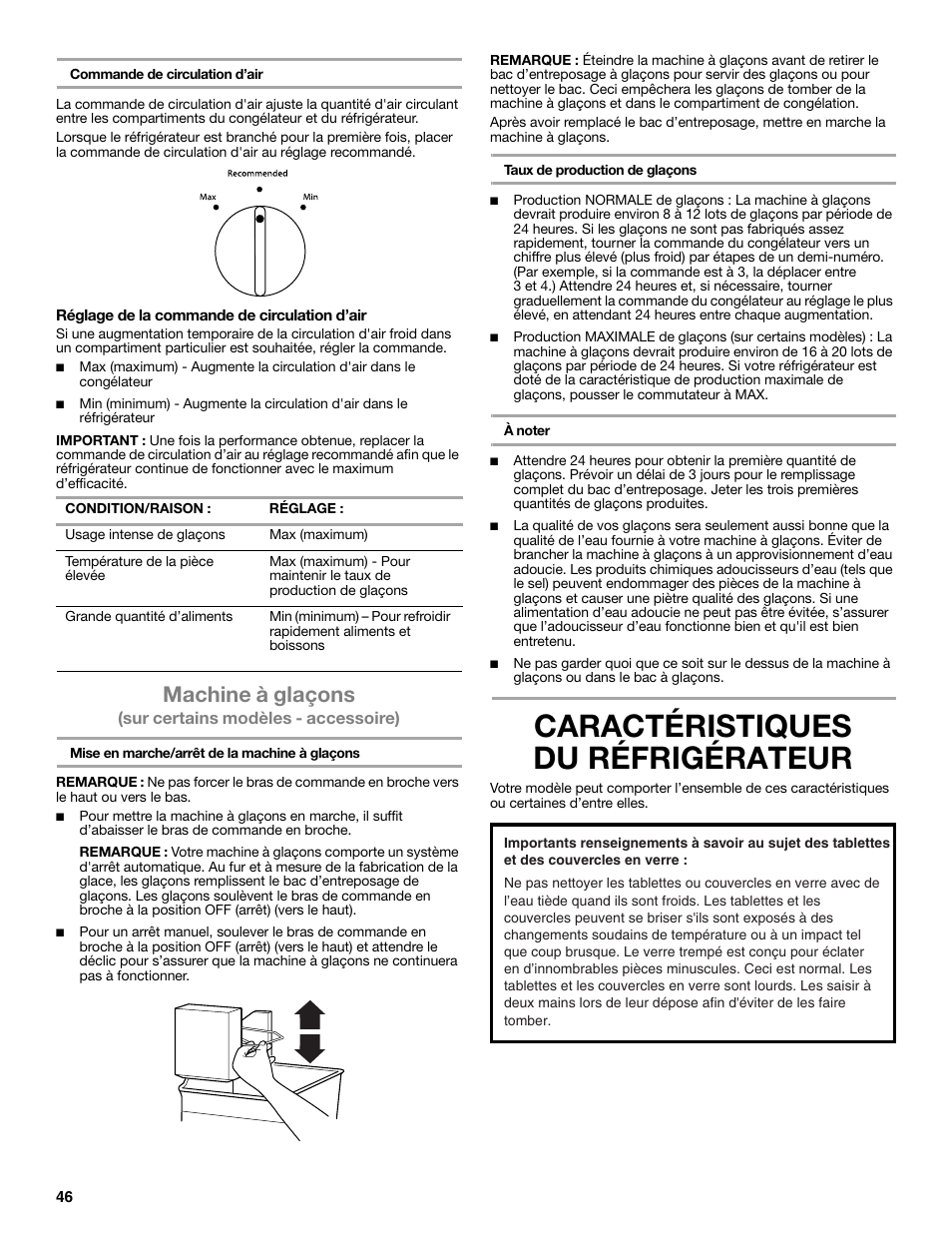 Caractéristiques du réfrigérateur, Machine à glaçons | Whirlpool WRT106TFDW User Manual | Page 46 / 56
