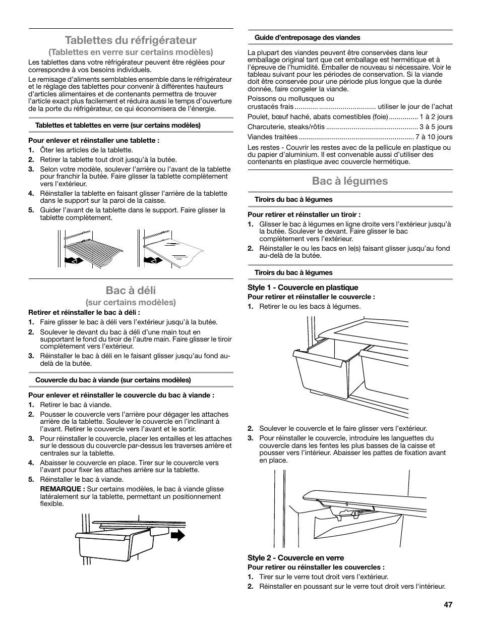 Tablettes du réfrigérateur, Bac à déli, Bac à légumes | Whirlpool WRT106TFDW User Manual | Page 47 / 56