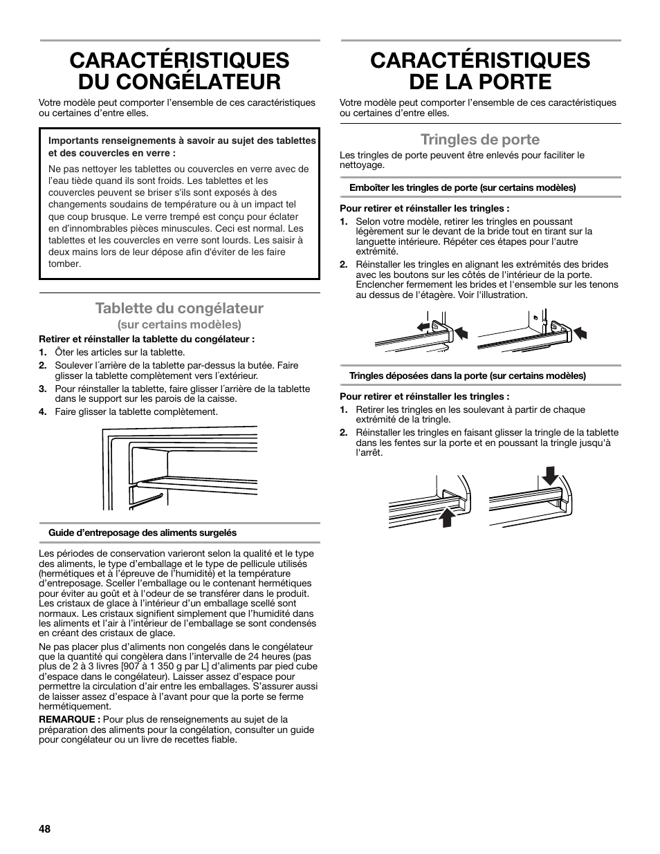 Caractéristiques du congélateur, Caractéristiques de la porte, Tablette du congélateur | Tringles de porte | Whirlpool WRT106TFDW User Manual | Page 48 / 56