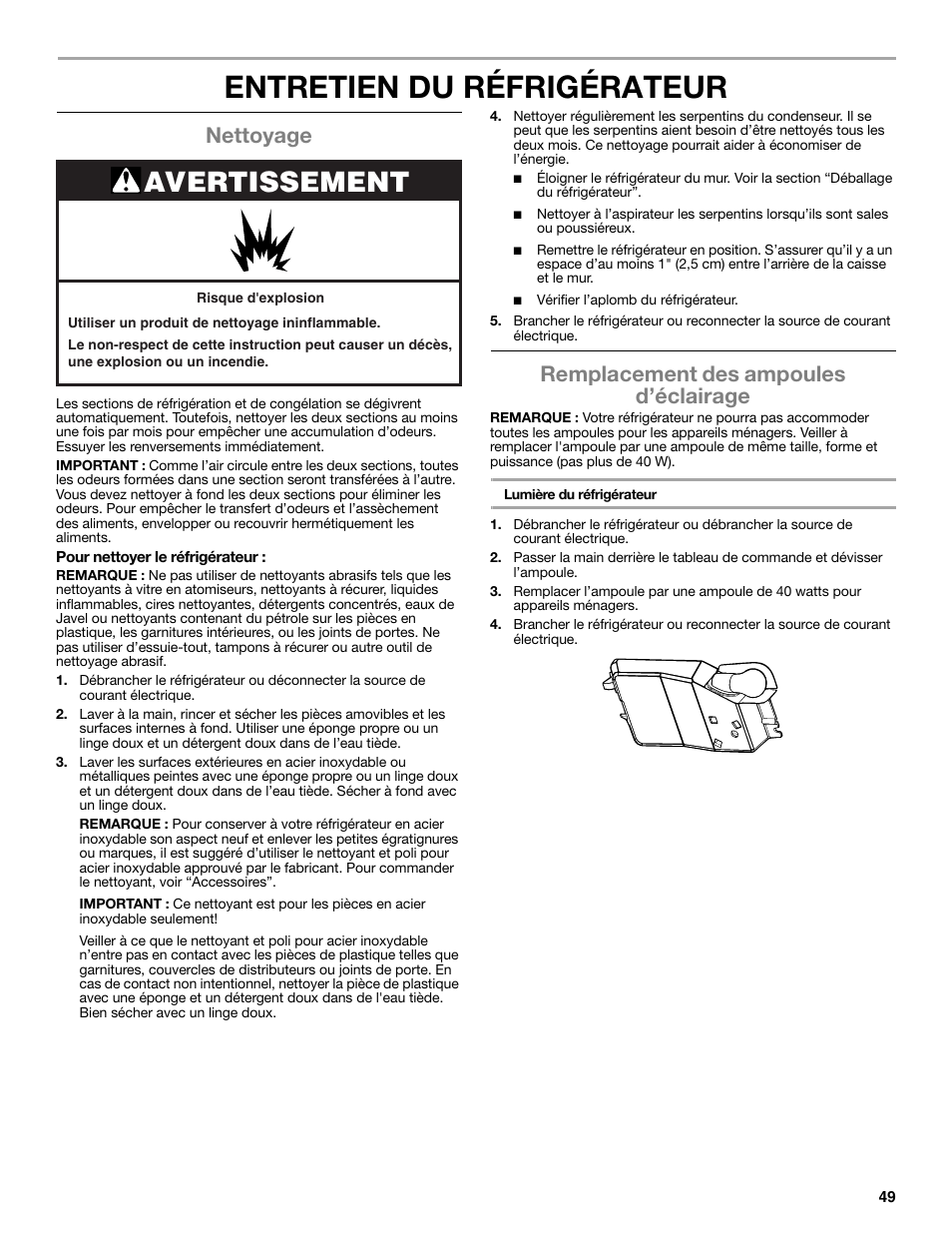 Entretien du réfrigérateur, Avertissement, Nettoyage | Remplacement des ampoules d’éclairage | Whirlpool WRT106TFDW User Manual | Page 49 / 56