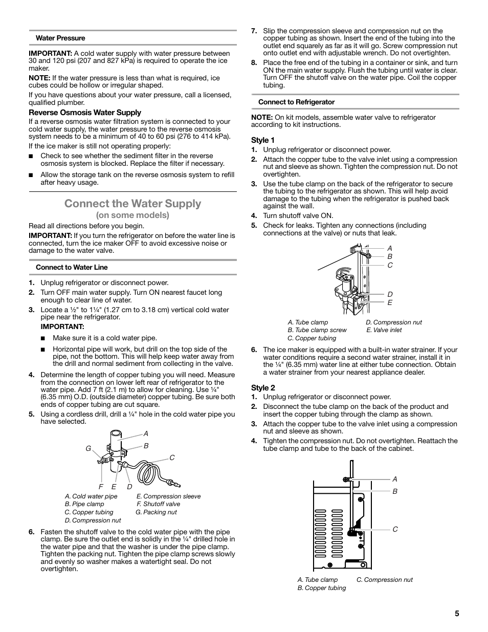 Connect the water supply | Whirlpool WRT106TFDW User Manual | Page 5 / 56