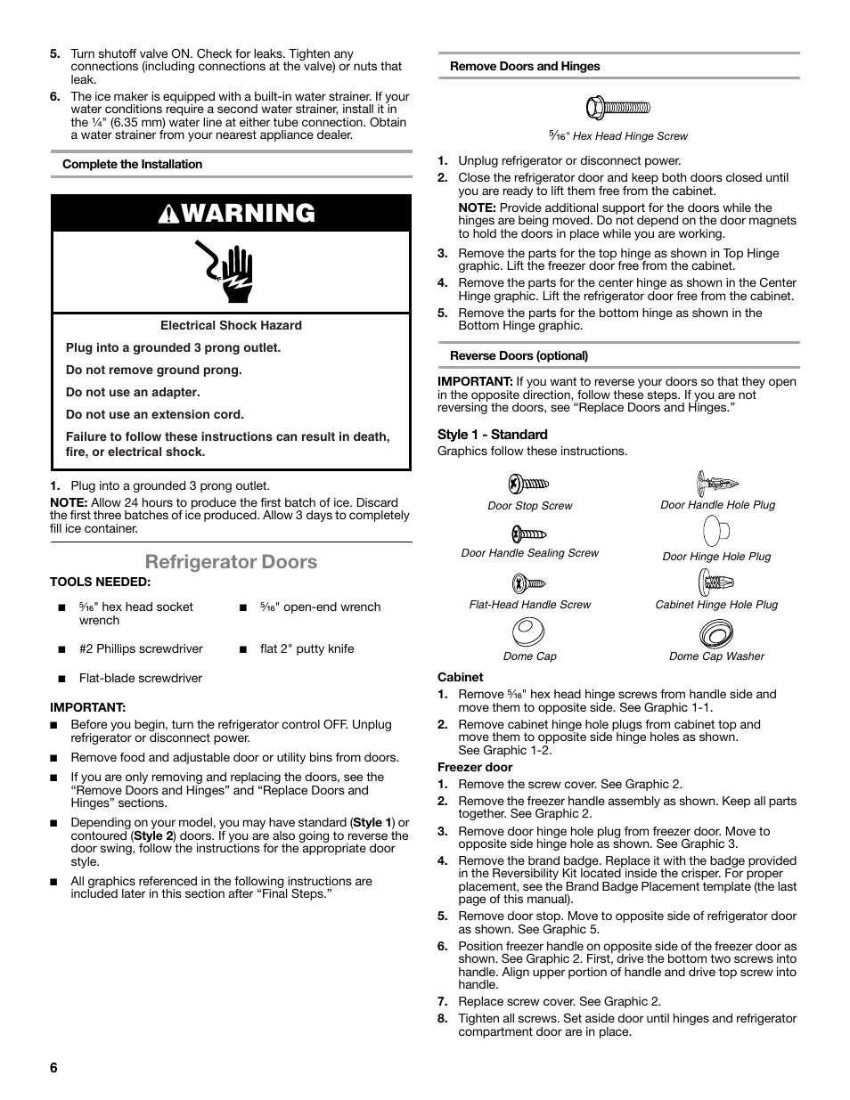 Warning, Refrigerator doors | Whirlpool WRT106TFDW User Manual | Page 6 / 56