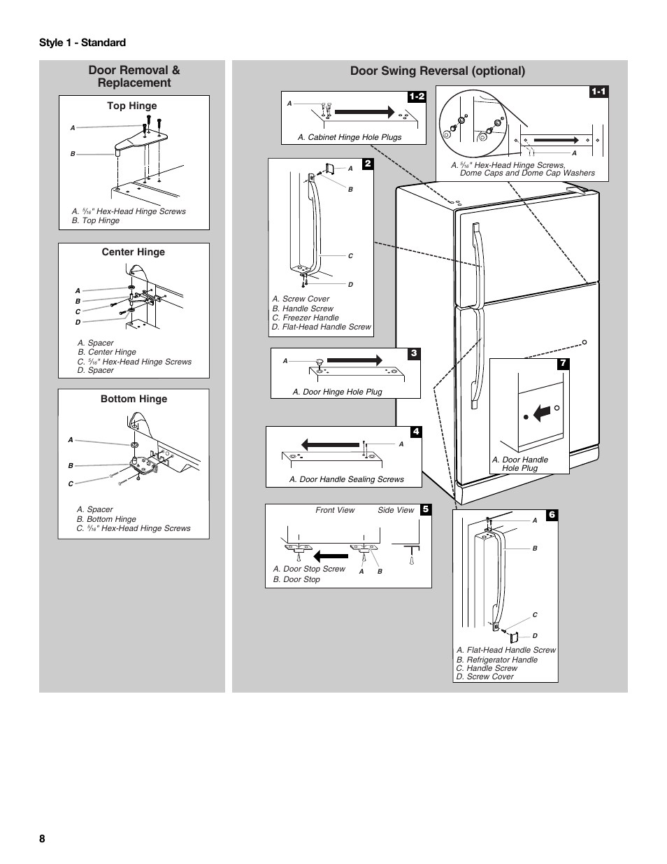 Door removal & replacement, Door swing reversal (optional), 8style 1 - standard | Whirlpool WRT106TFDW User Manual | Page 8 / 56