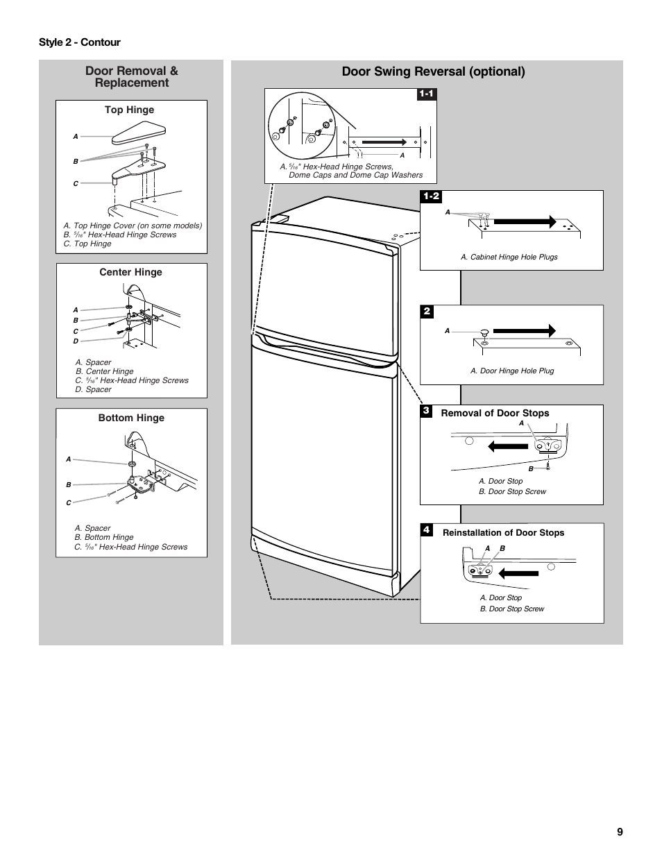 Door swing reversal (optional), Door removal & replacement, 9style 2 - contour | Whirlpool WRT106TFDW User Manual | Page 9 / 56