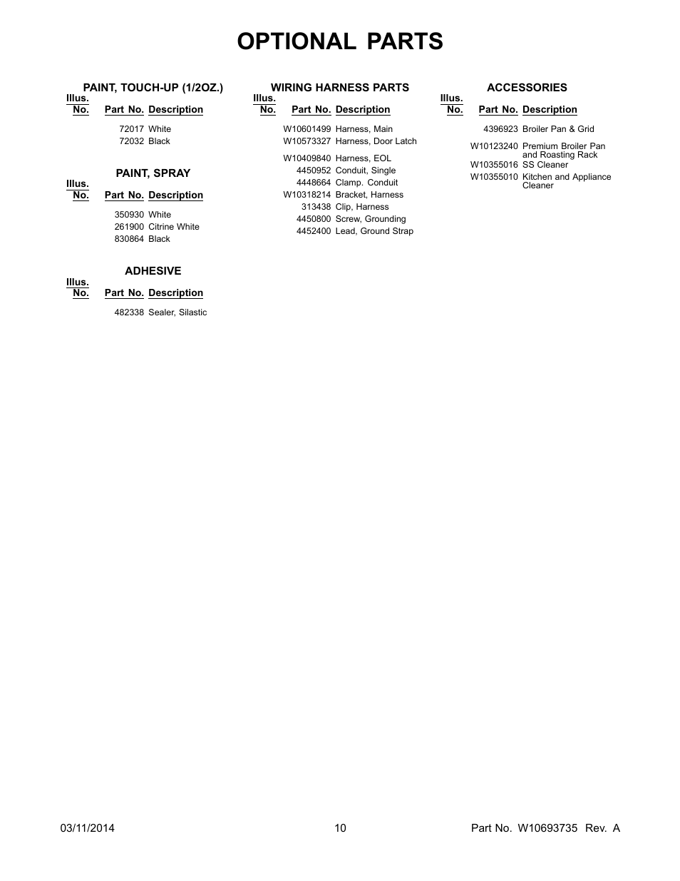 Optional, Optional parts | Whirlpool WOS51EC7AS User Manual | Page 10 / 10