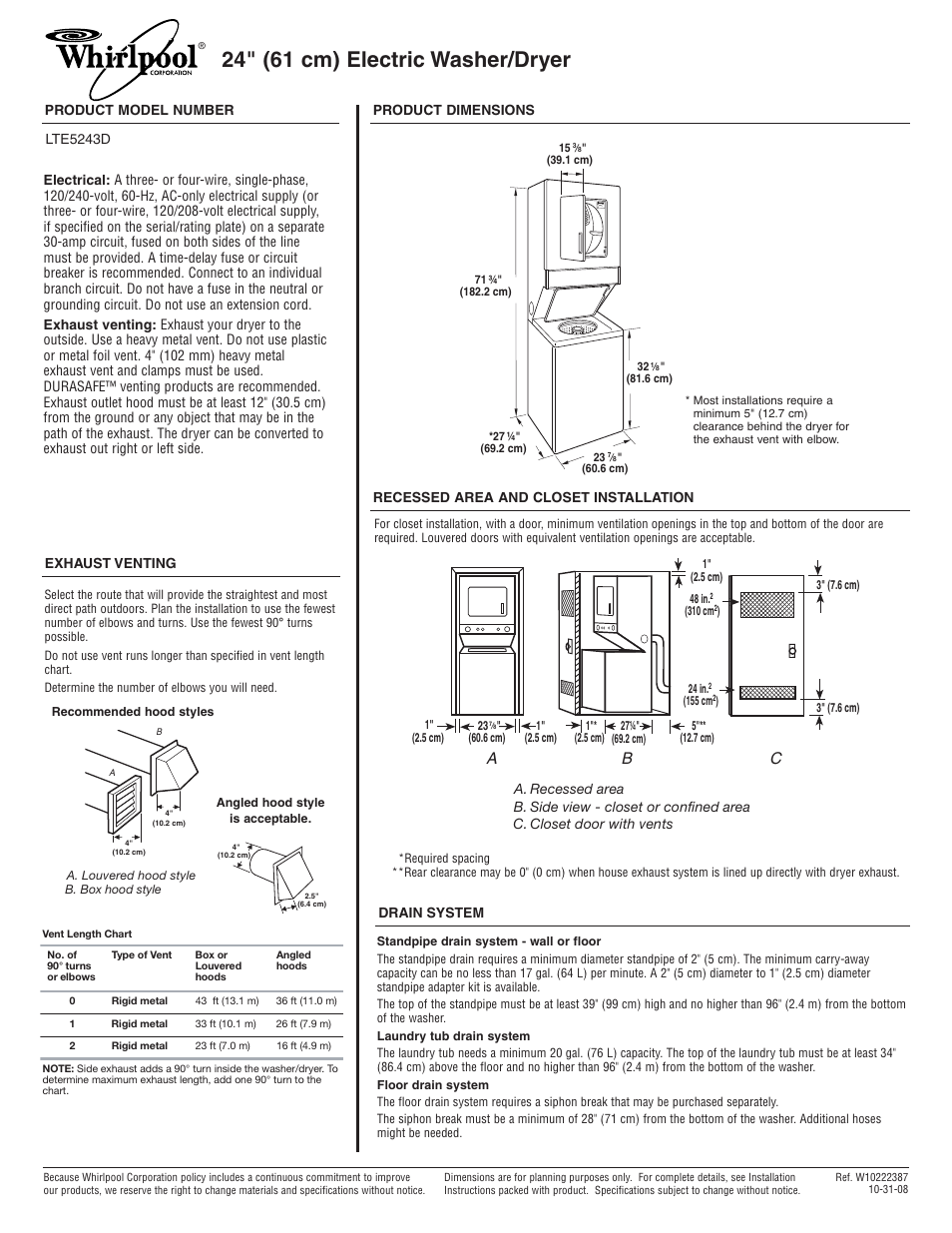 Whirlpool LTE5243DQ User Manual | 1 page