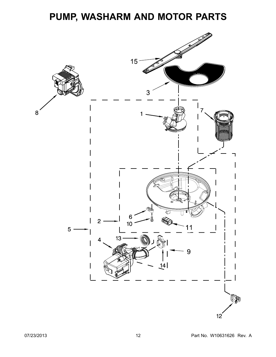 Pump, washarm and motor, Pump, washarm and motor parts | Whirlpool WDP350PAAB User Manual | Page 12 / 24