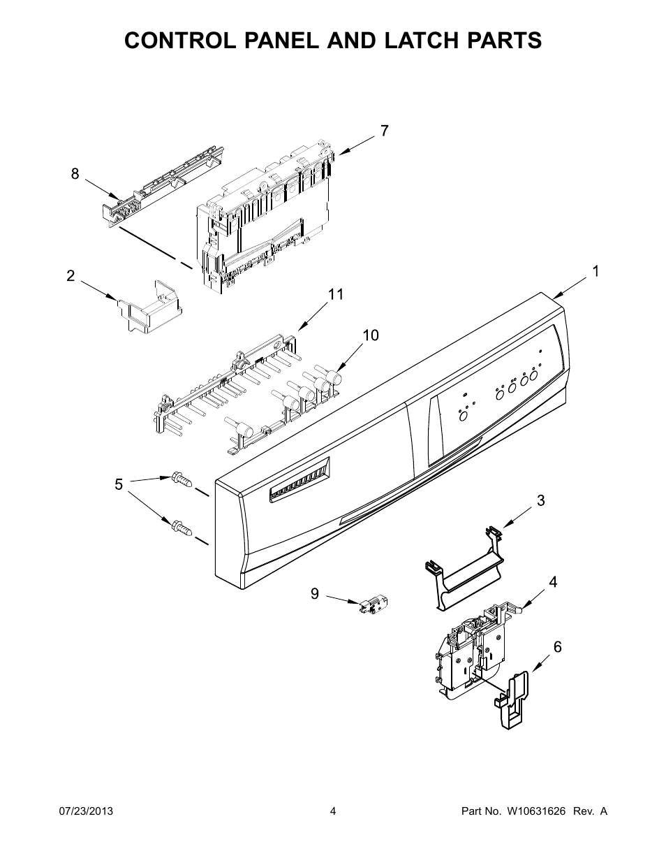 Control panel and latch, Control panel and latch parts | Whirlpool WDP350PAAB User Manual | Page 4 / 24