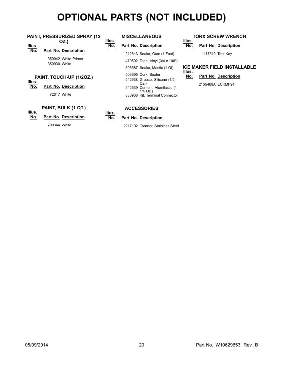 Optional parts (not included) | Whirlpool WRS322FNAM User Manual | Page 20 / 20