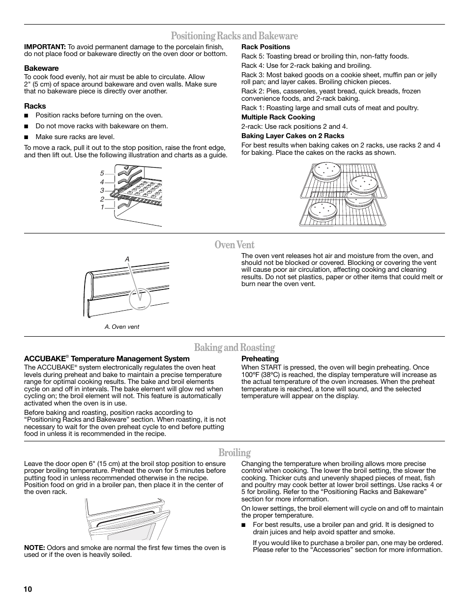 Positioning racks and bakeware, Oven vent, Baking and roasting | Broiling | Whirlpool WFE524CLBS User Manual | Page 10 / 16