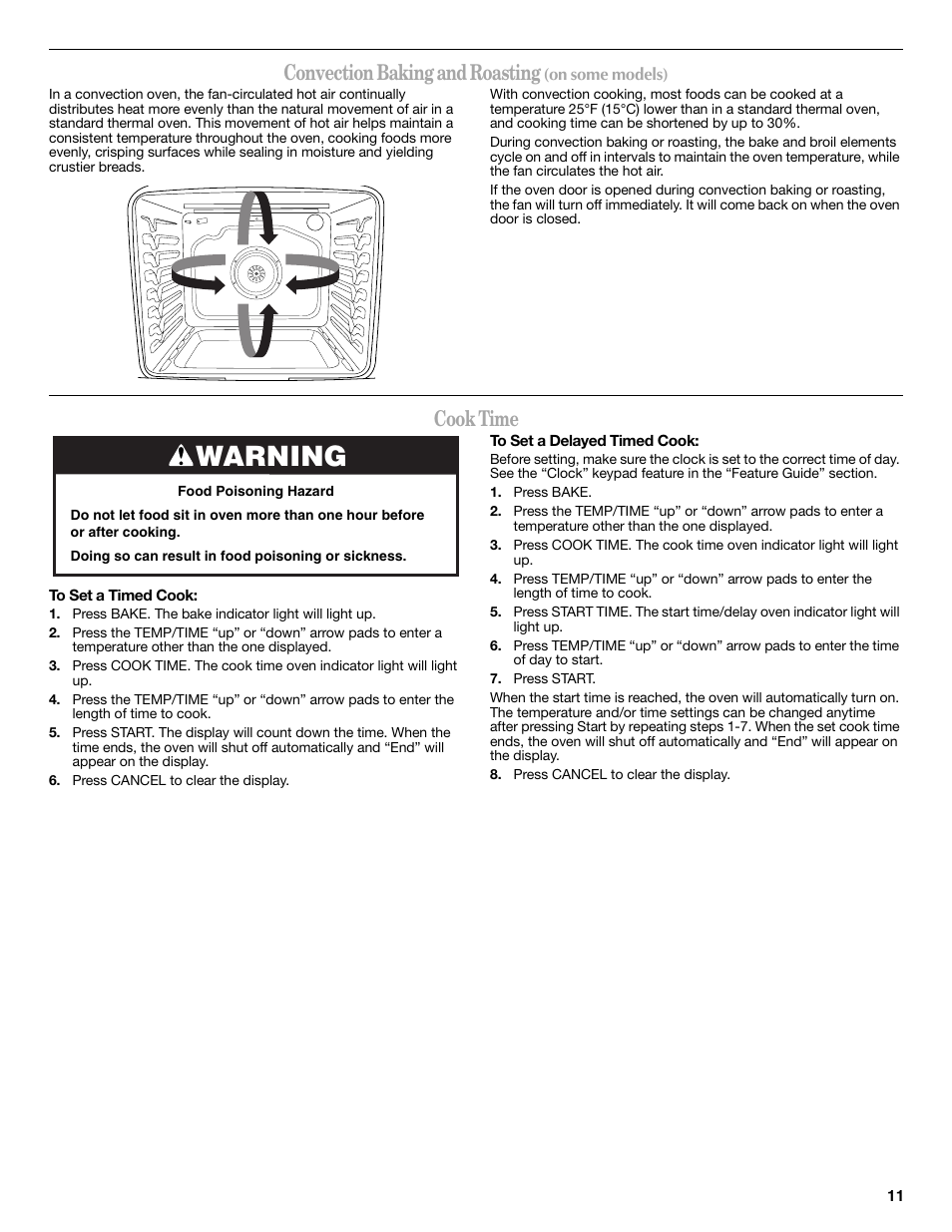 Warning, Convection baking and roasting, Cook time | Whirlpool WFE524CLBS User Manual | Page 11 / 16