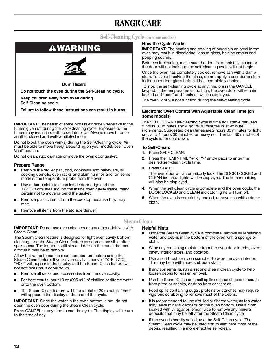 Range care, Warning, Self-cleaning cycle | Steam clean | Whirlpool WFE524CLBS User Manual | Page 12 / 16