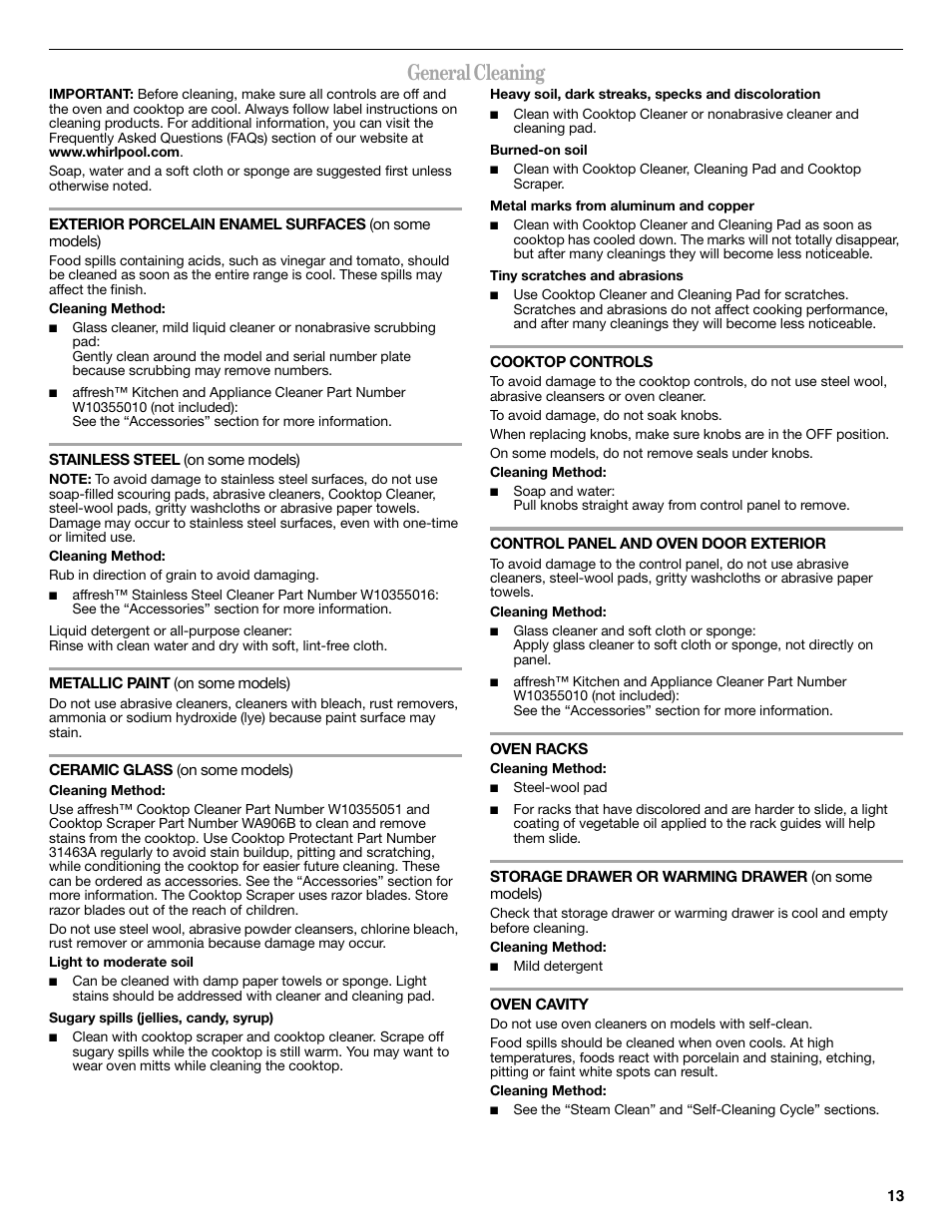 General cleaning | Whirlpool WFE524CLBS User Manual | Page 13 / 16