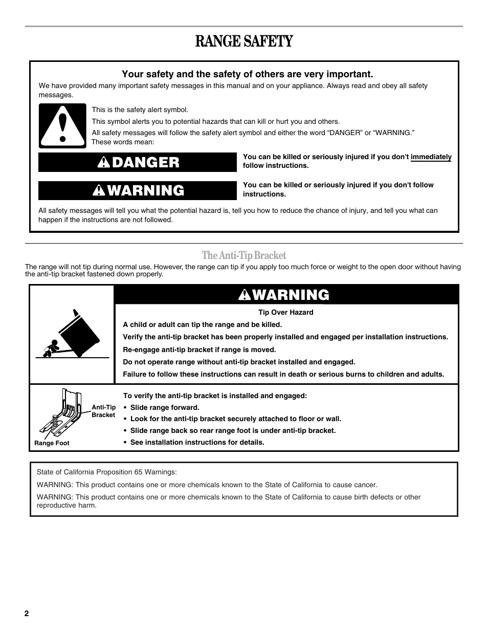 Range safety, Danger warning, Warning | The anti-tip bracket | Whirlpool WFE524CLBS User Manual | Page 2 / 16